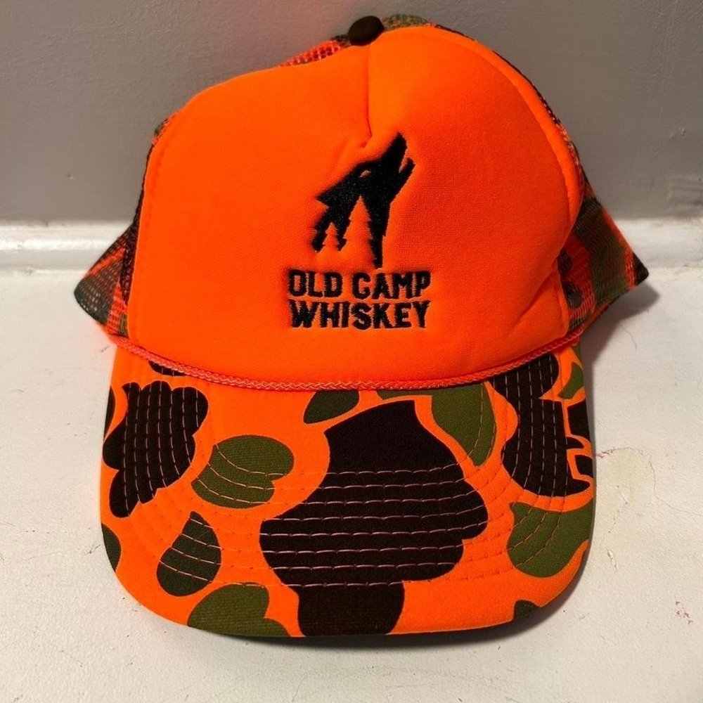 Vintage 90s Duck camo and orange hunting whiskey mesh trucker SnapBack hat cap